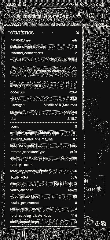 Phone screenshot with the stream statistics (VDO.Ninja) during the show